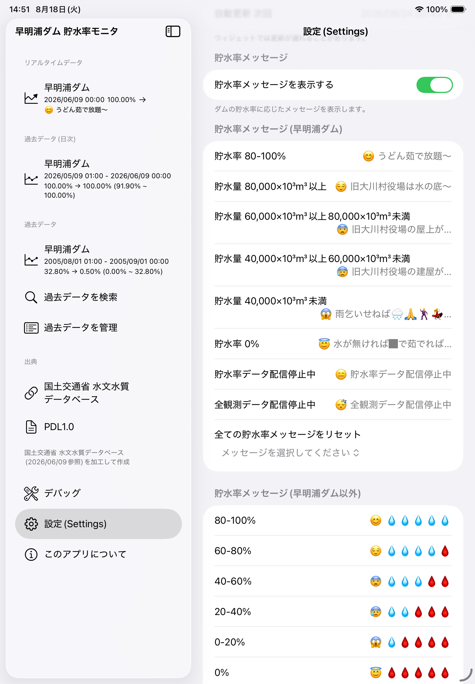 設定・貯水率メッセージ(iPad)