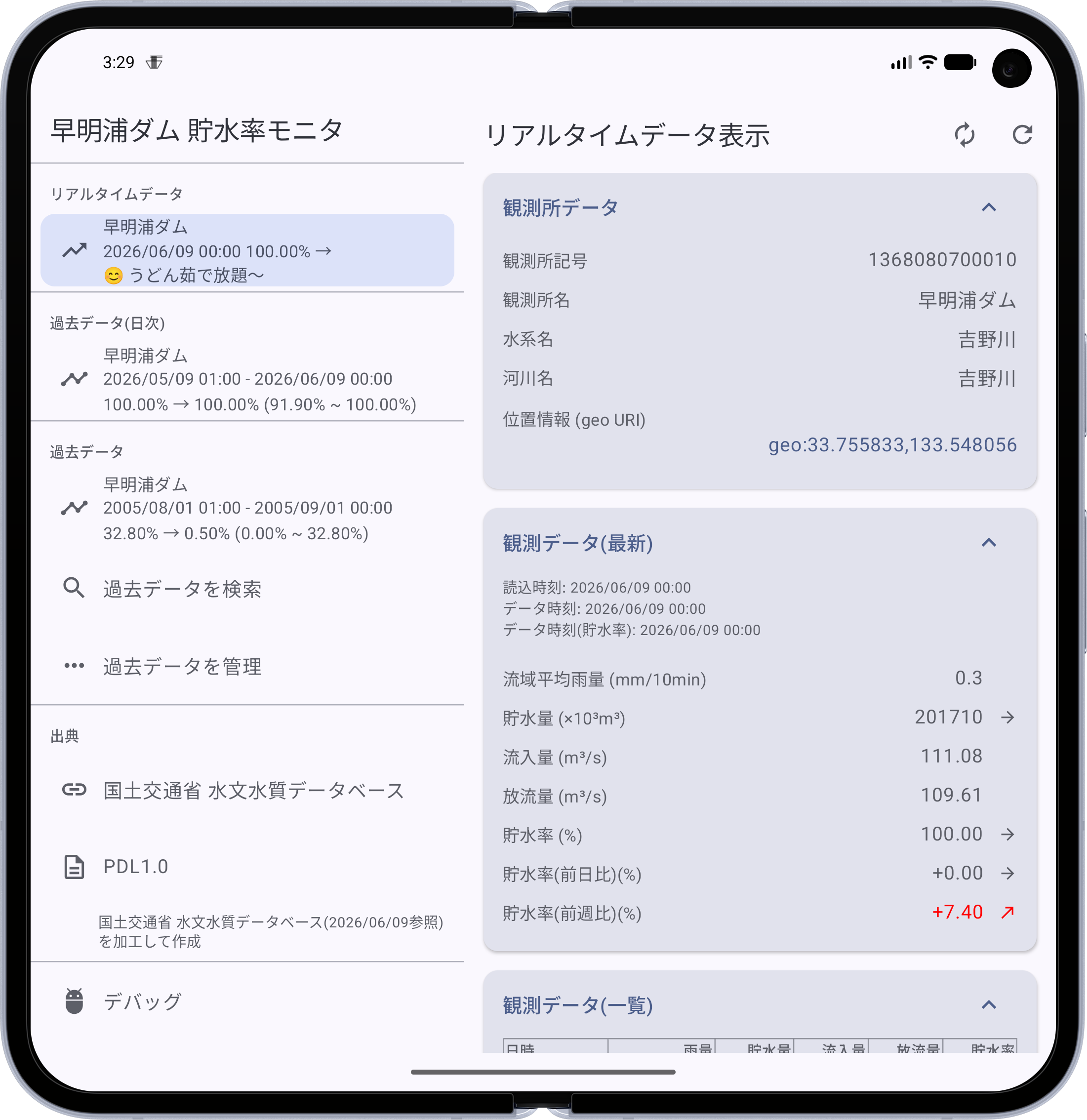 リアルタイムデータ表示(フォルダブル展開時)