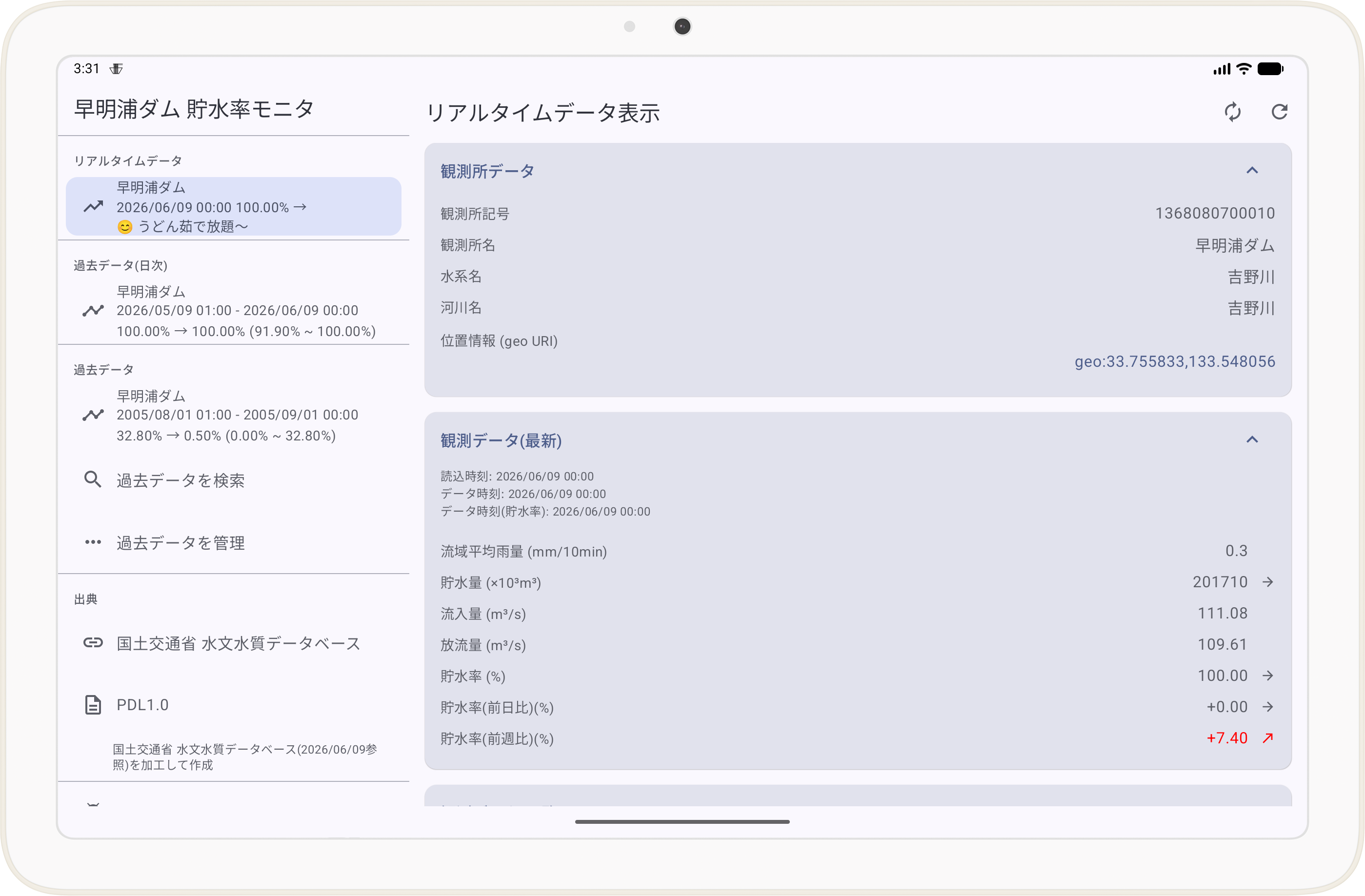 リアルタイムデータ表示(タブレット横向き)